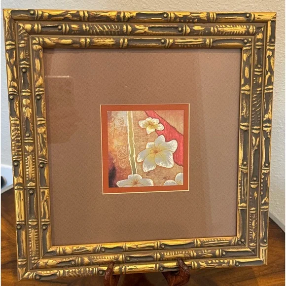 Vintage Japanese Foil Art Framed in Bamboo Frame Measuring 13 X 13 - Picture 1 of 12